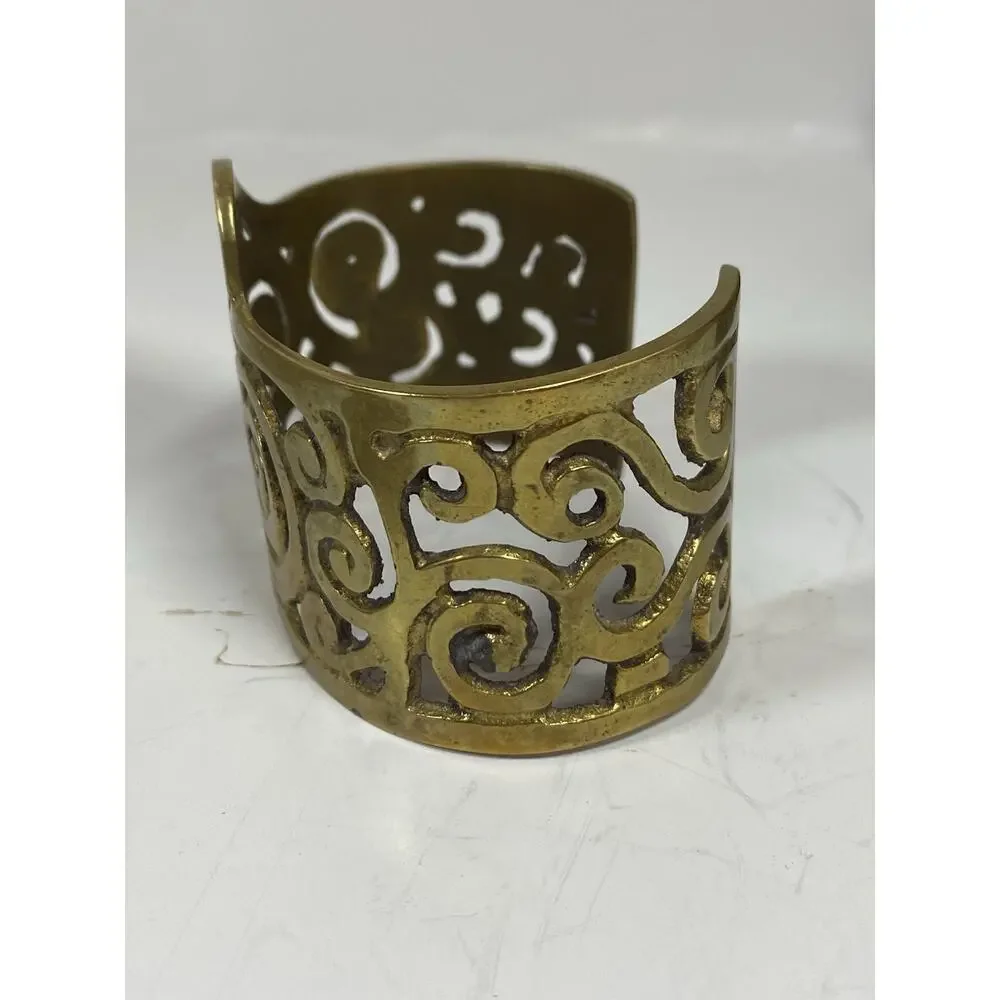 Antique Artisan Modernist Etruscan Egyptian Brass Cuff Bangle Bracelet
